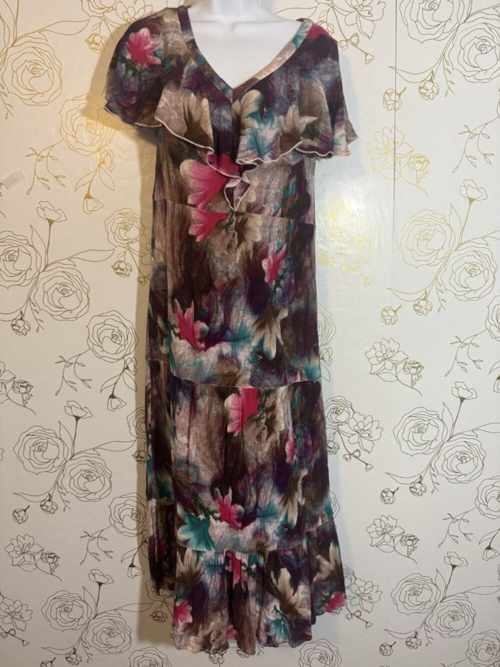 Soft Surroundings Dress PS Italian Dreams Floral Gauze Tiered  Maxi Petite Small